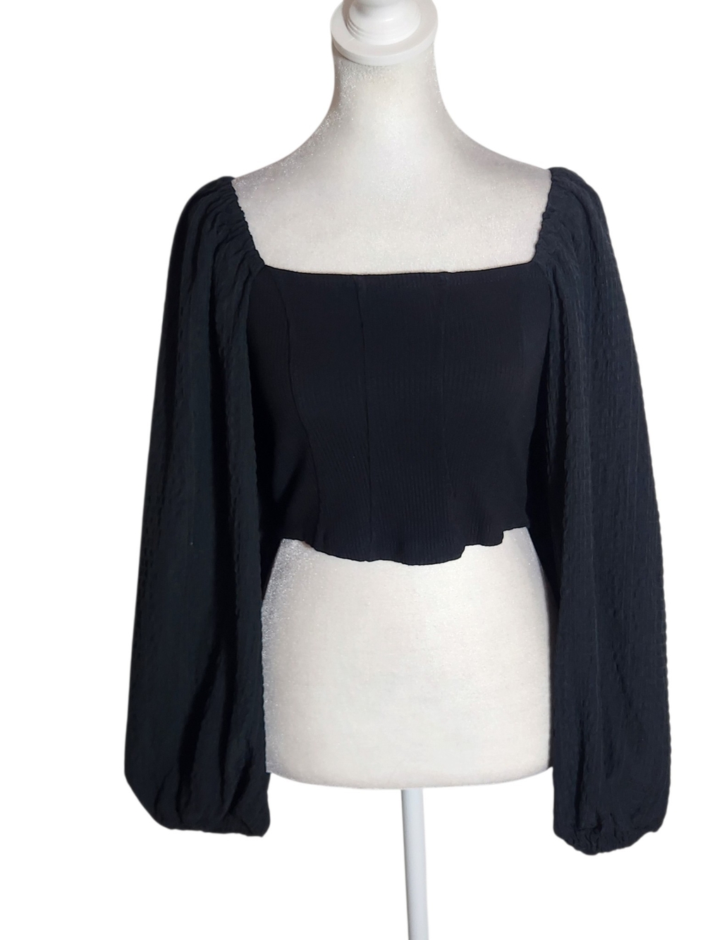 Urban Outfitters Black Ribbed Knit Square Neck Full Sleeve Crop Top Size Small
